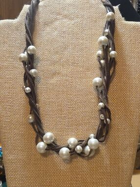 Brown Leather Cord Necklace with Glass Pearl Beads